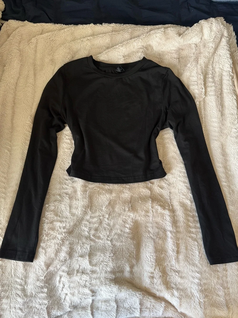 Black Cropped Long-Sleeve Crew Neck Top